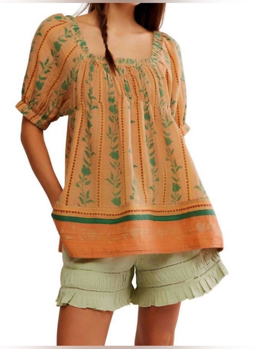 Free People Orange and Green Stripe and Printed Cotton Blouse - Size XS